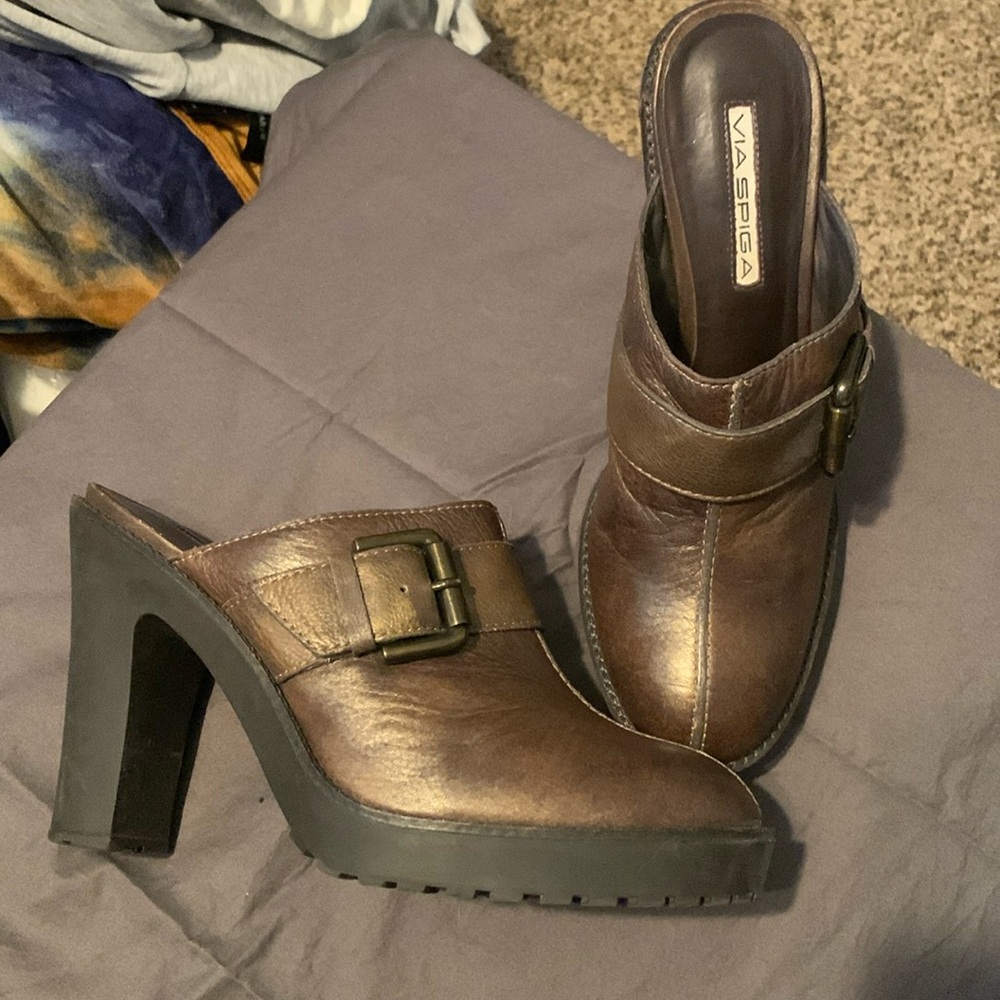 Via Spiga mules, lug bottom, bronze with decorative buckle.